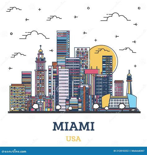 Outline Miami Florida City Skyline with Colored Modern Buildings Isolated on White Stock Vector ...