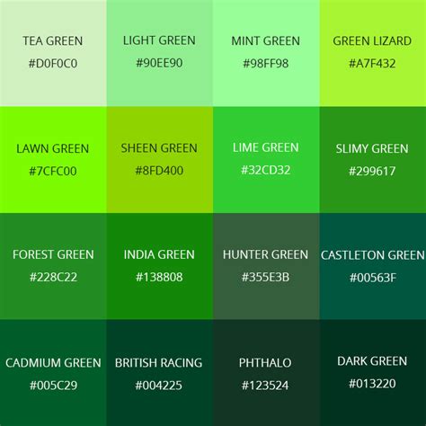 99 Shades of Green Color with Names, HEX, RGB, & CMYK