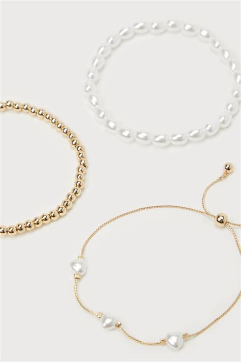 Gold Pearl Bracelet Set - 3-Pc Bracelet Set - Toggle Bracelet Set - Lulus