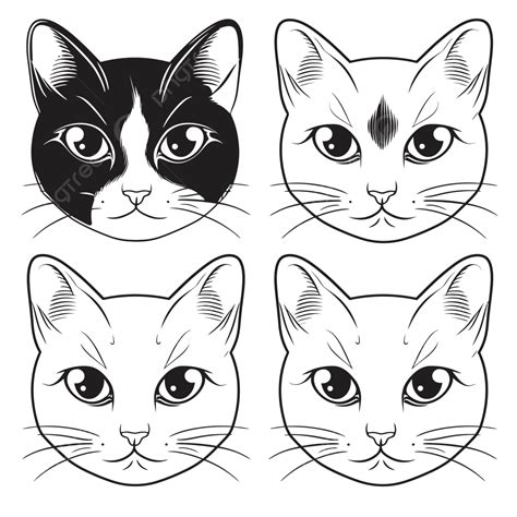 Four Different Cat Faces In Black And White Outline Sketch Drawing ...