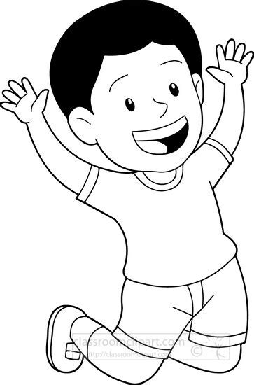 Children Outline Clipart-black white boy jumping in the air happily clipart