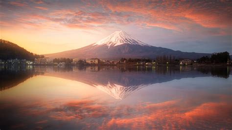 Wallpaper : nature, landscape, mountains, water, reflection, trees, town, village, clouds, sky ...