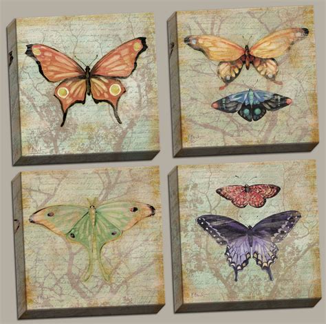 4 Vintage Butterfly Collage Art Prints Butterflies by Paul Brent; Four 12x12in Hand-Stretched ...