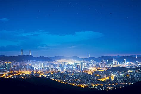 Seoul Skyline At Night With Lights And Blue Sky Background, High Resolution, City, Landmark ...