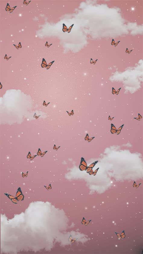 Cloudy sky, aesthetic, butterflies, clouds, pink, stars, HD phone ...