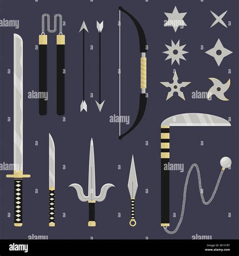 Ninja weapon set. Katana, sai, kunai, nunchacku, shuriken, kusarigama, bow and arrows. Cartoon ...