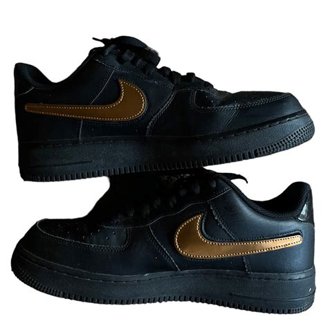 NIKE AIR FORCE 1 BLACK METALLIC GOLD REMOVABLE SWOOSH… - Gem