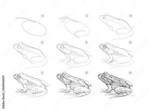 Page shows how to learn to draw sketch of realistic frog. Pencil ...