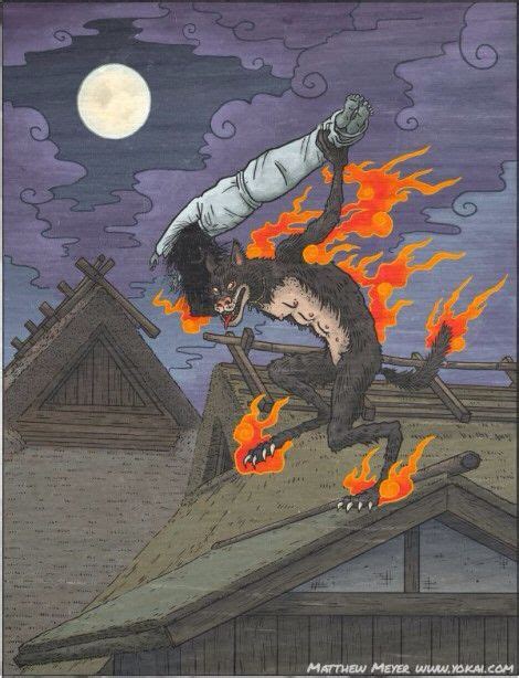 Kasha- Japanese myth: a flaming cat yokai that steals corpses from cemeteries to eat them ...