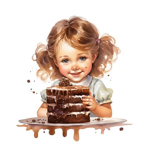 adorable cute vintage little girl eating chocolate cake, watercolor clipart, high quality ...