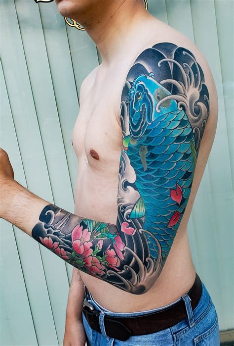 Blue Koi Sleeve Tattoo by Adam Sky, Hold Fast Studio, Redwood City, Bay Area, California : tattoos