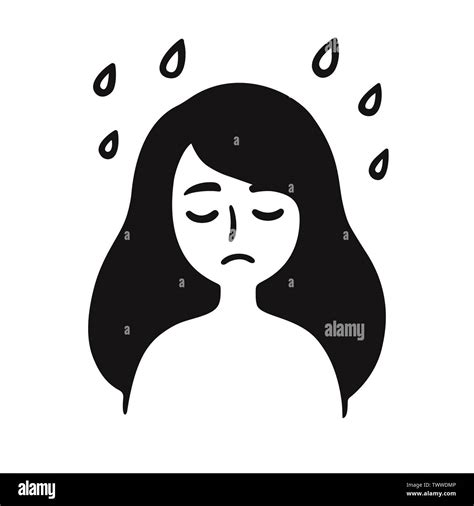 Depression and sadness, young girl with sad face under rain. Black and white simple cartoon ...