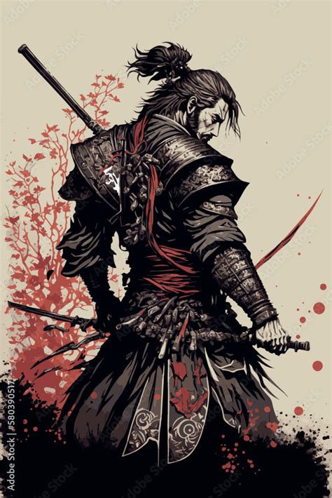 Japanese samurai warrior. Mighty ninja with swords. Cool poster of asian fighter with katana ...