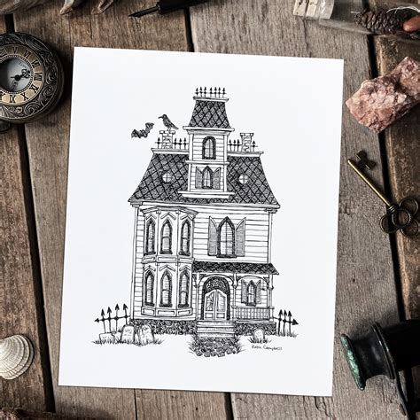 Spooky Pen and Ink House Victorian Mansion Illustration Halloween Wall Decor Haunted House Art ...