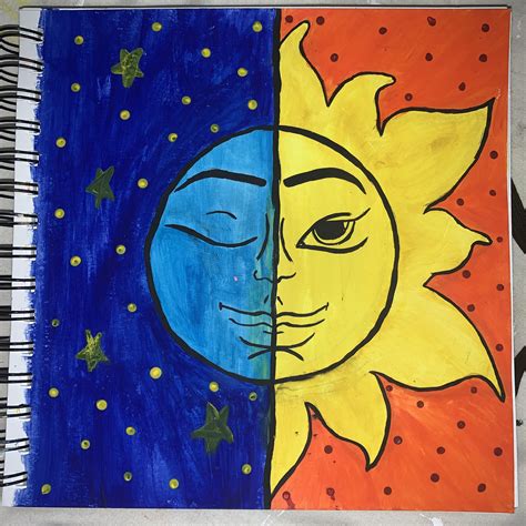 Half Sun Half Moon Canvas Painting - Half Sun Half Moon Painting Idea Simple Diy Painting ...