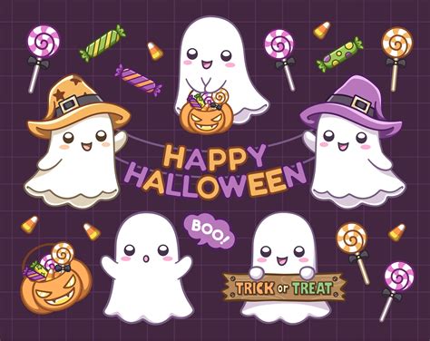 Cute Happy Ghost Clipart. Halloween Sign Chibi Ghoul Pumpkin - Etsy UK