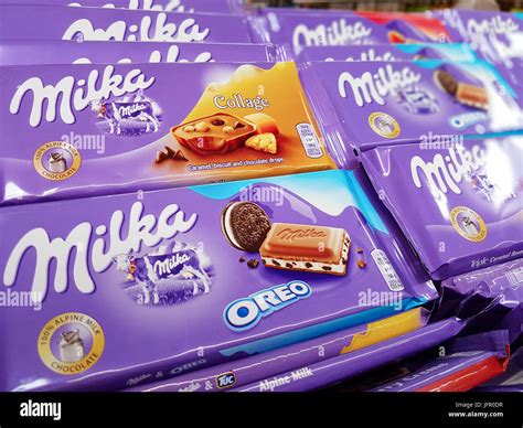 Nowy Sacz, Poland - June 25, 2017: Milka chocolate on store shelves for sale in a Tesco ...