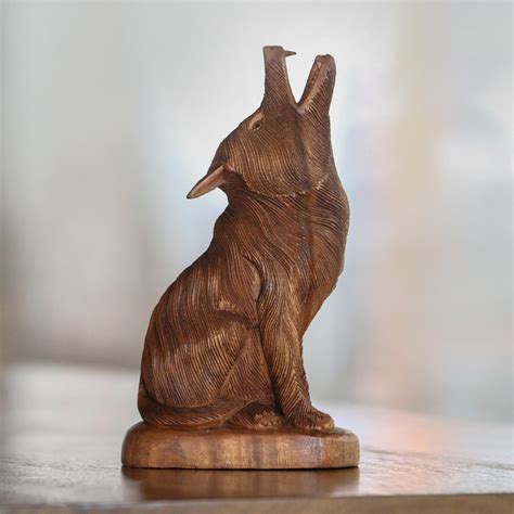 Hand-Carved Suar Wood Howling Wolf Sculpture from Bali - Howling Wolf | NOVICA