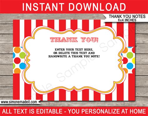 Printable Carnival Party Thank You Cards Template | Birthday Party Favor