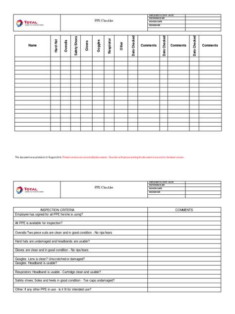 PPE Checklist (V1) | PDF | Personal Protective Equipment | Sports Equipment