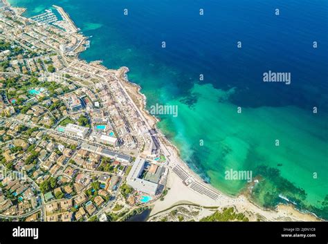 Cityscape and beach drone landscape panorama Can Picafort Mallorca Spain Stock Photo - Alamy