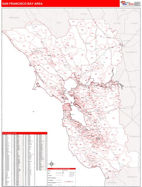 Bay Area California Zip Code Wall Map (Red Line Style) by MarketMAPS - MapSales