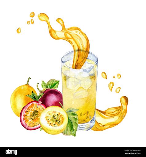 Passion fruit smoothies and splash juice watercolor illustration isolated on white. Mixed ...