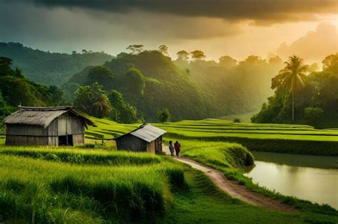 Premium AI Image | a sunset over rice fields