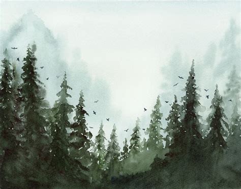 Pine Tree Forest Watercolor Art Print, Misty Evergreen Landscape With Birds, Nature Wall Art ...