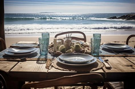 Premium AI Image | A beach table setting with a view of the ocean and warm summer sun created ...