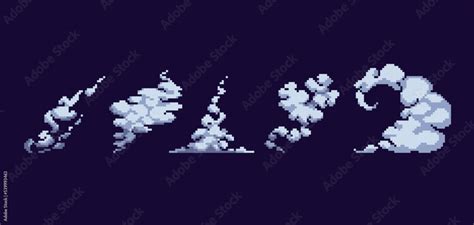 Smoke and fog pixel art set. Cloud swirls, waves and curves collection. 8 bit sprite. Game ...