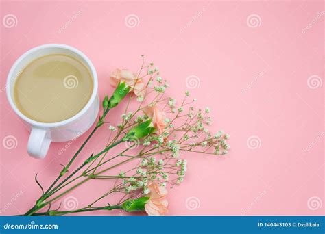 Coffee with Cream and Flowers on a Pastel Pink Background Stock Image - Image of flat, flowers ...