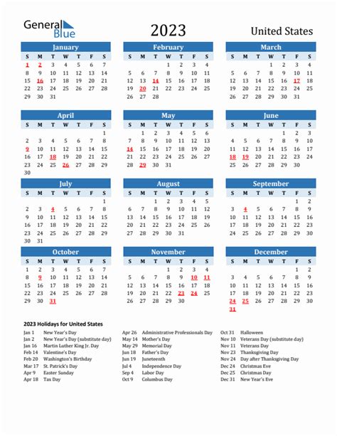 2023 United States Calendar with Holidays