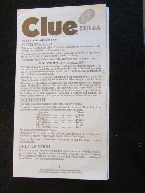 1950 CLUE Detective Game Instructions #ParkerBrothers | Detective game, Game pieces, Games