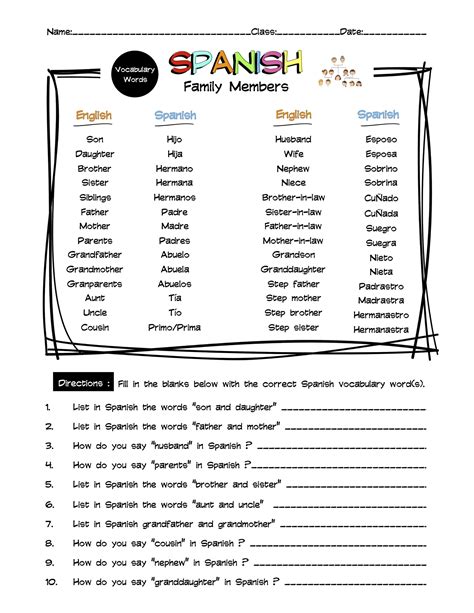 Spanish Family Members Vocabulary Word List Worksheet & Answer Key | Made By Teachers