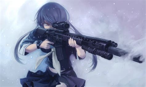 original characters, Long hair, Blue hair, Anime girls, Gun, Assault rifle, School uniform ...