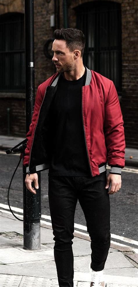 Red Bomber Jacket, Bomber Jacket Outfits Ideas With Black Casual ...