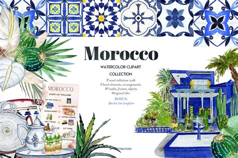 Morocco. Wanderlust clip art. Watercolor tiles