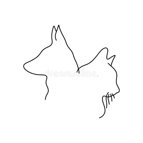 Outline Drawing of Cat and Dog Head Minimalist Vector Illustration Sketch Hand Drawn with Black ...