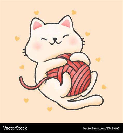 Funny cat playing with yarn cartoon hand drawn Vector Image