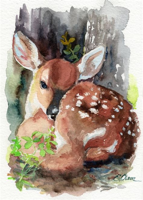 ORIGINAL Watercolor Fawn Deer wall art Nursery decor Animal | Etsy