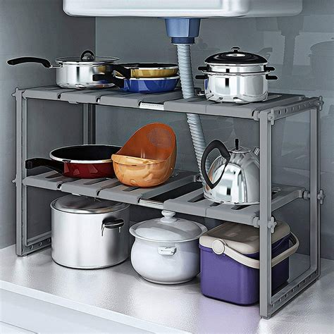 2 Tier Under Sink Rack Expandable Shelf Organizer Rack, Kitchen Pot Pan Cabinet RacK Storage ...