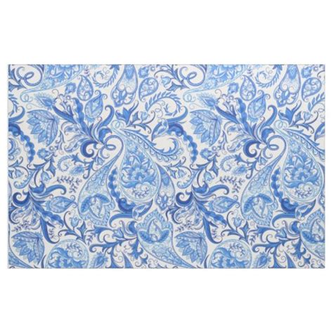 Pretty Dark And Light Blue Floral Paisley Pattern Fabric | Zazzle