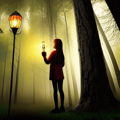 Girl Alone in the Dark Forest Holding a Lamp High Resolution · Creative Fabrica