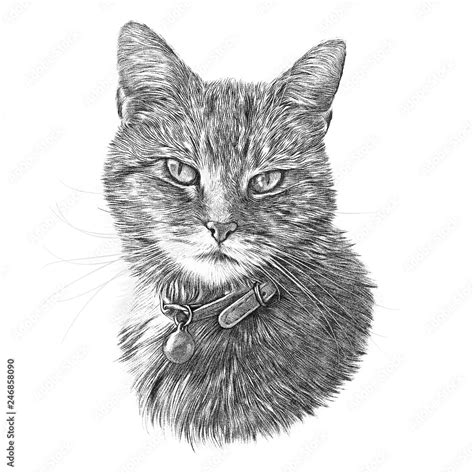 Black and White Drawing of a cute Cat. Cat head isolated on white background. Pencil, ink hand ...