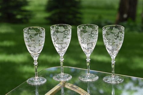 Vintage Etched Optic Wine Glasses, Set of 4, Floral Etched Wine glasses ...