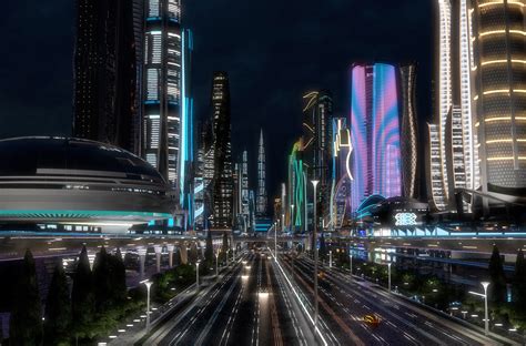 ArtStation - 3D Future City. Night. Main Street