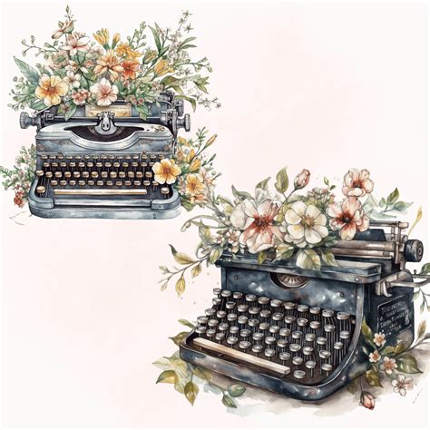 20 Victorian Vintage Clipart Typewriter Flower PNG Pastel Watercolor ...