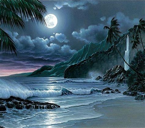 Moonlite beach tide coming in | Moonlight painting, Scenery, Seascape ...