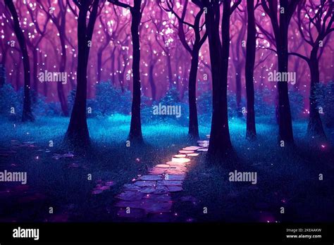 Magical forest path with glowing fireflies . Night magical fantasy ...